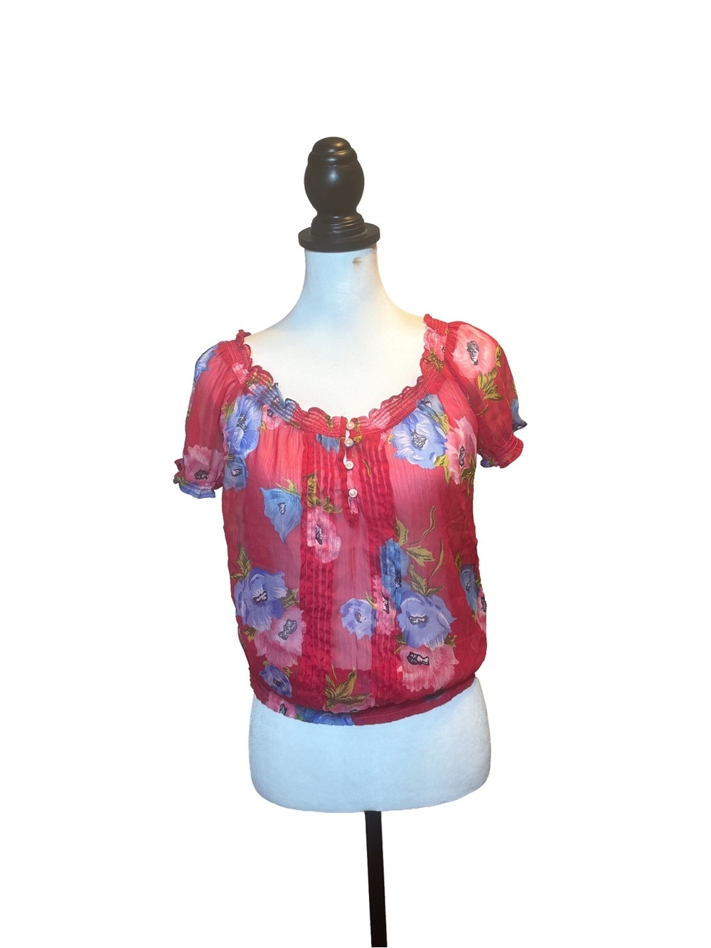 Hollister Pink Floral Short Sleeve Blouse with Blue Accents. S